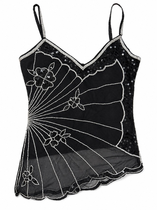None Tops - Vintage Beaded Mesh Floral Sequin Camisole